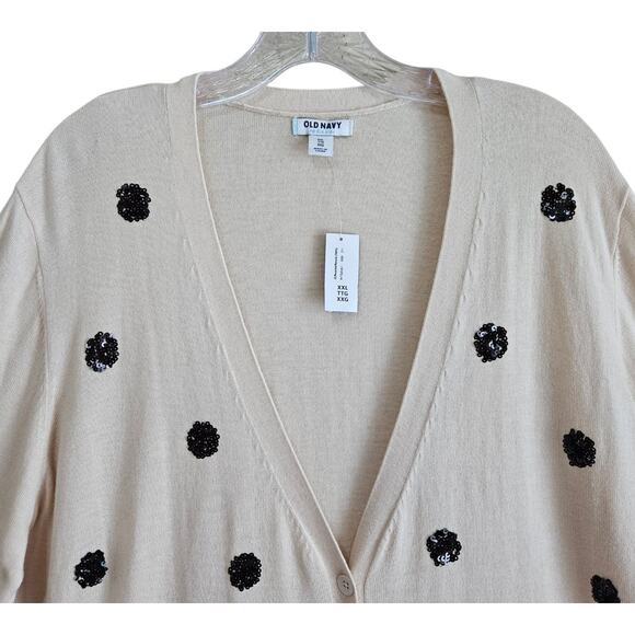 OLD NAVY Women XXL Cardigan Sweater Cream Black Sequin Dots Cotton Blend 48" NEW - Picture 2 of 9